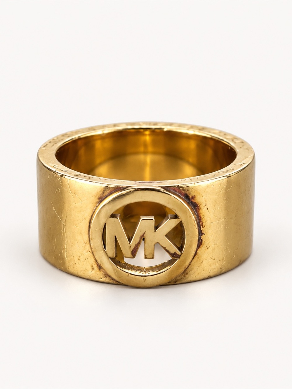 Michael Kors MK Logo Gold Tone Wide Band Statement Ring Size 6